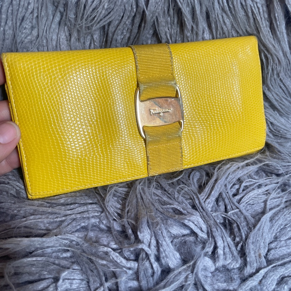Salvatore Ferragamo Vintage Yellow Lizard-Texture Leather Vara Clutch * See note